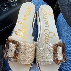 Sam Edelman Cream Woven Slide Sandals with Tortoiseshell Buckle